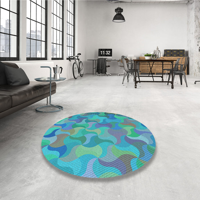 Round Patterned Glacial Blue Ice Blue Rug in a Office, pat2070lblu