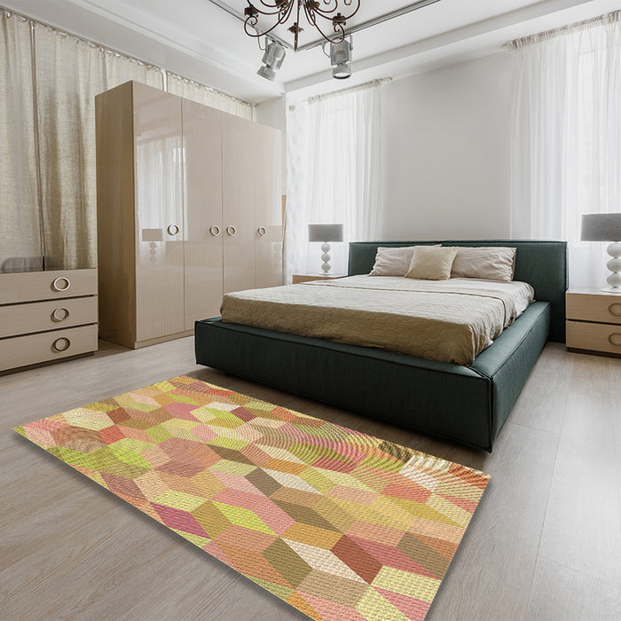 Patterned Chrome Gold Yellow Rug in a Bedroom, pat2071brn