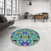 Round Machine Washable Transitional Blue Rug in a Office, wshpat2075