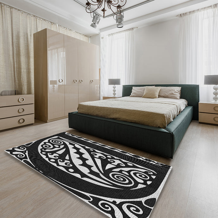 Patterned Black Rug in a Bedroom, pat208gry