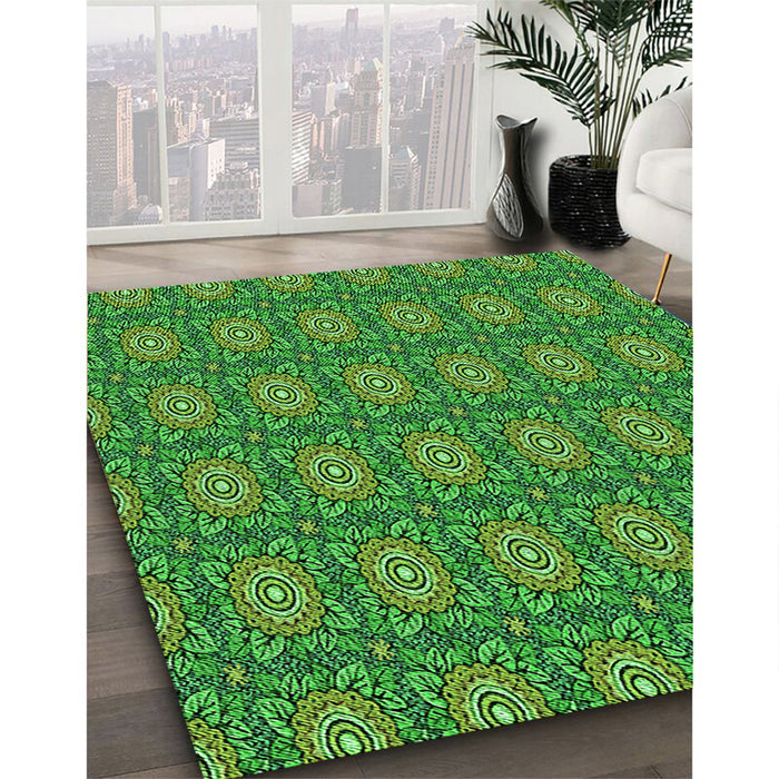 Patterned Deep Emerald Green Rug in Family Room, pat2082grn