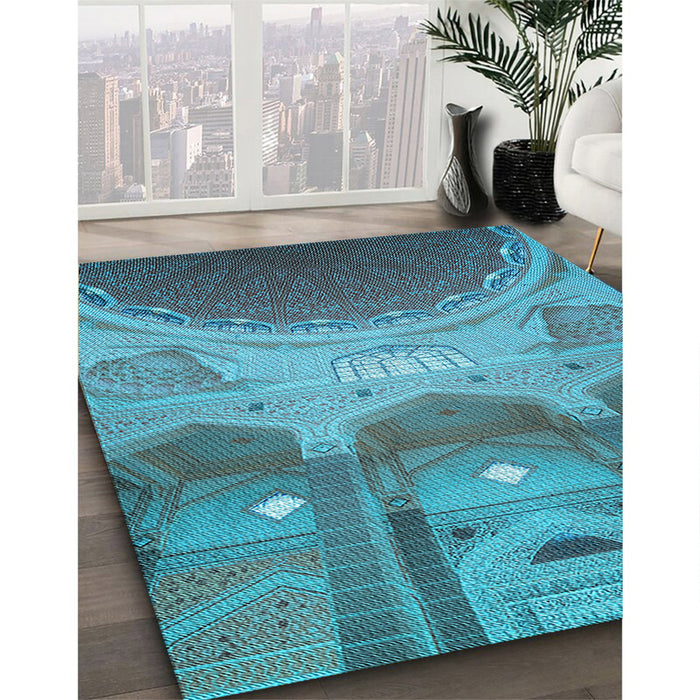 Machine Washable Transitional Bright Turquoise Blue Rug in a Family Room, wshpat2083lblu