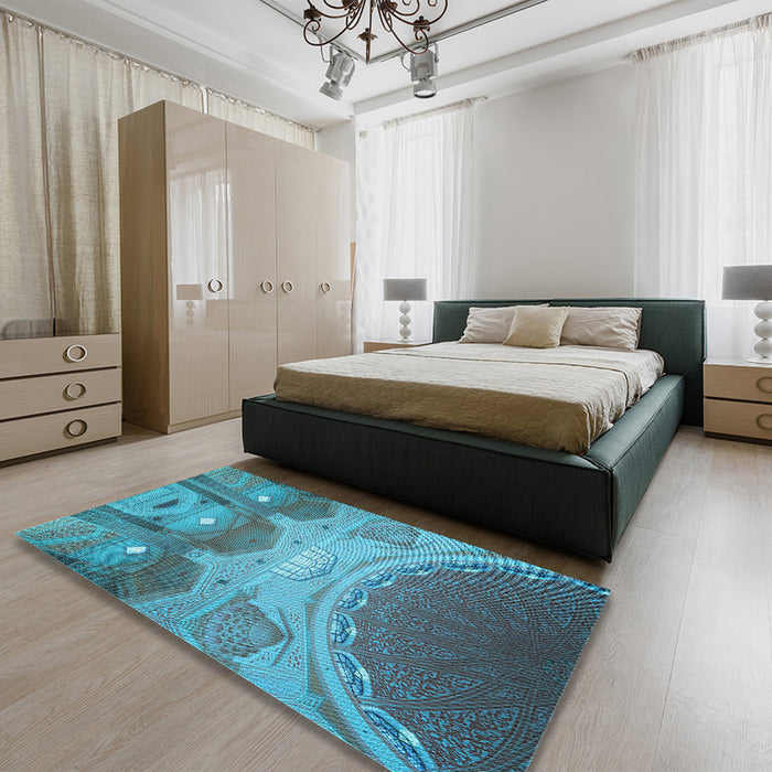 Patterned Bright Turquoise Blue Rug in a Bedroom, pat2083lblu