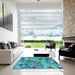 Square Patterned Dark Turquoise Green Rug in a Living Room, pat2084lblu