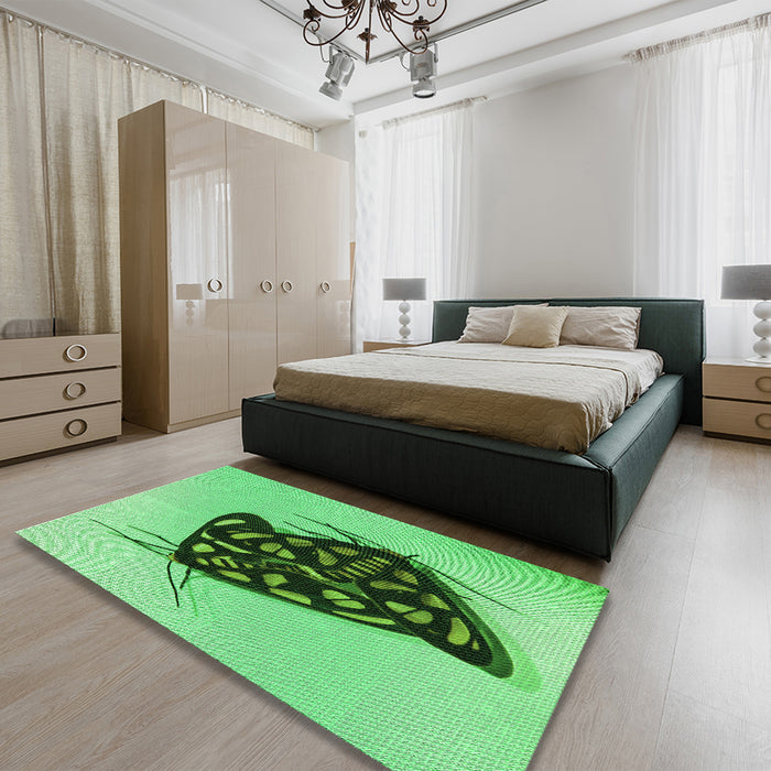 Patterned Green Rug in a Bedroom, pat2089grn