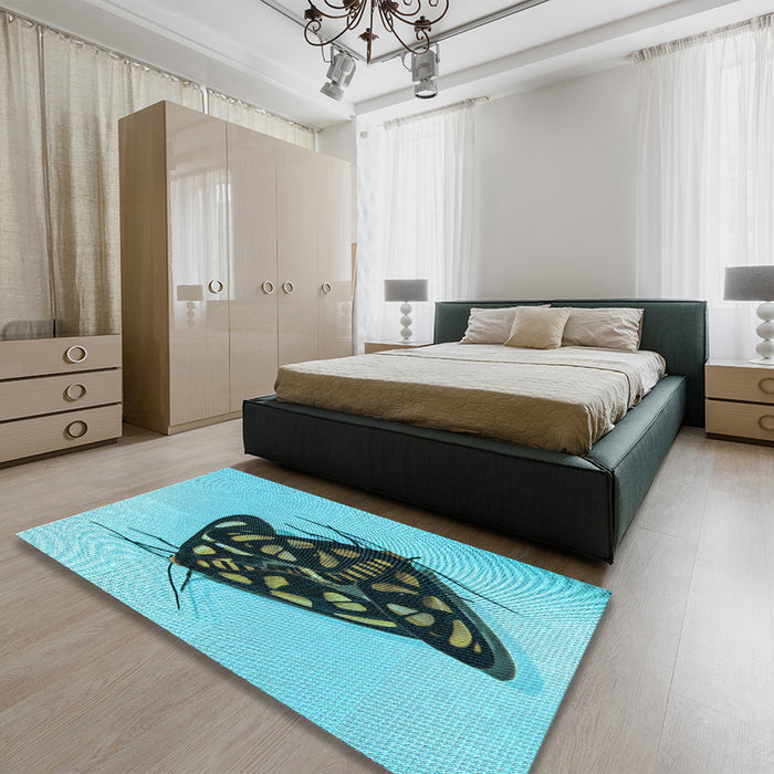 Patterned Deep-Sea Green Rug in a Bedroom, pat2089lblu