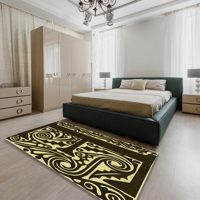 Patterned Black Rug in a Bedroom, pat209yw