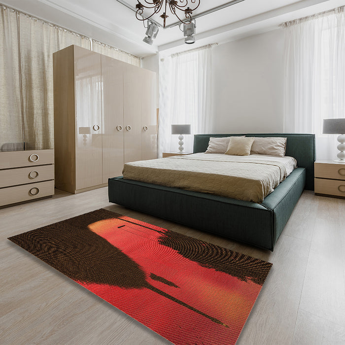 Patterned Crimson Red Rug in a Bedroom, pat2091org