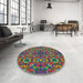 Round Machine Washable Transitional Green Rug in a Office, wshpat2094
