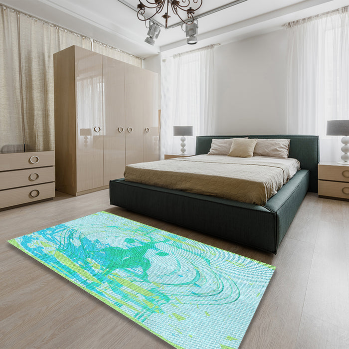 Patterned Turquoise Green Rug in a Bedroom, pat21lblu