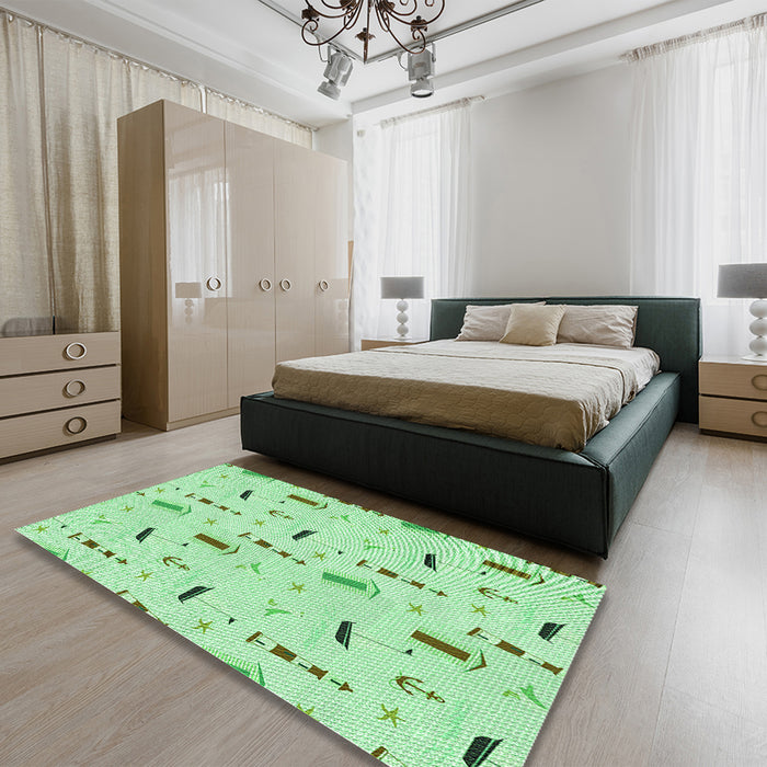Patterned Green Rug in a Bedroom, pat2101grn