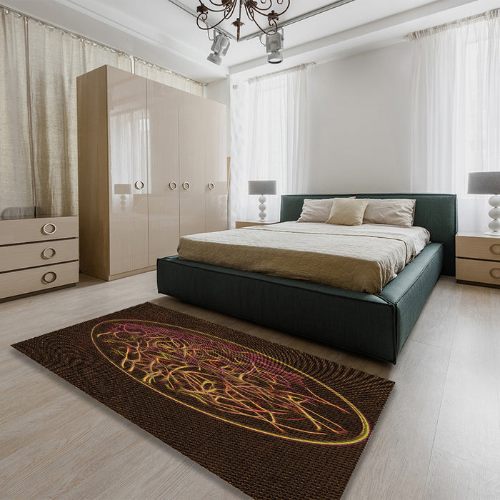 Patterned Saddle Brown Rug in a Bedroom, pat2103org