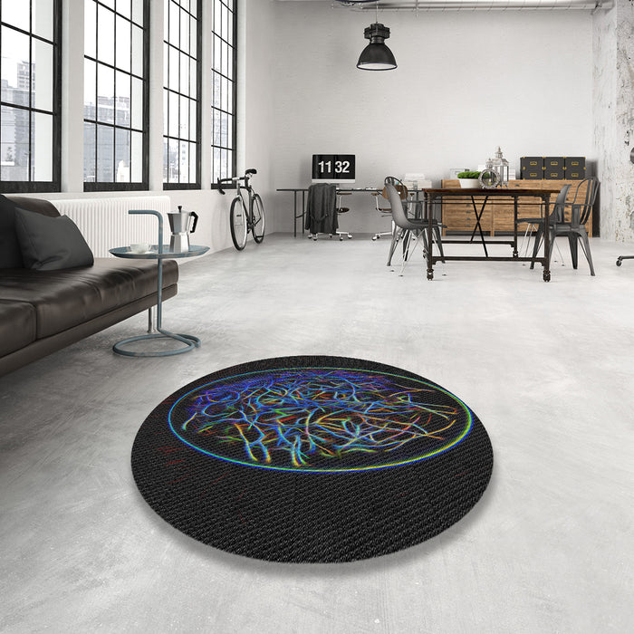 Round Machine Washable Transitional Black Rug in a Office, wshpat2103