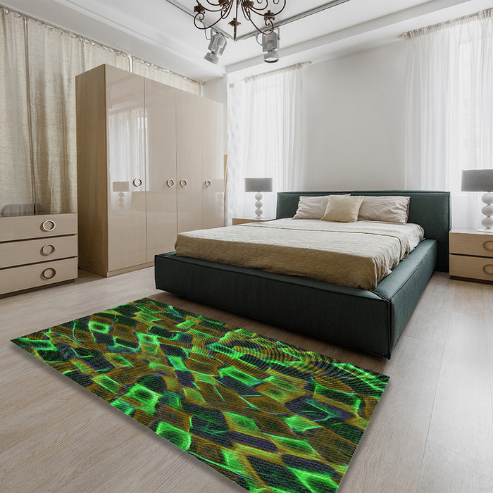 Patterned Dark Lime Green Rug in a Bedroom, pat2105grn
