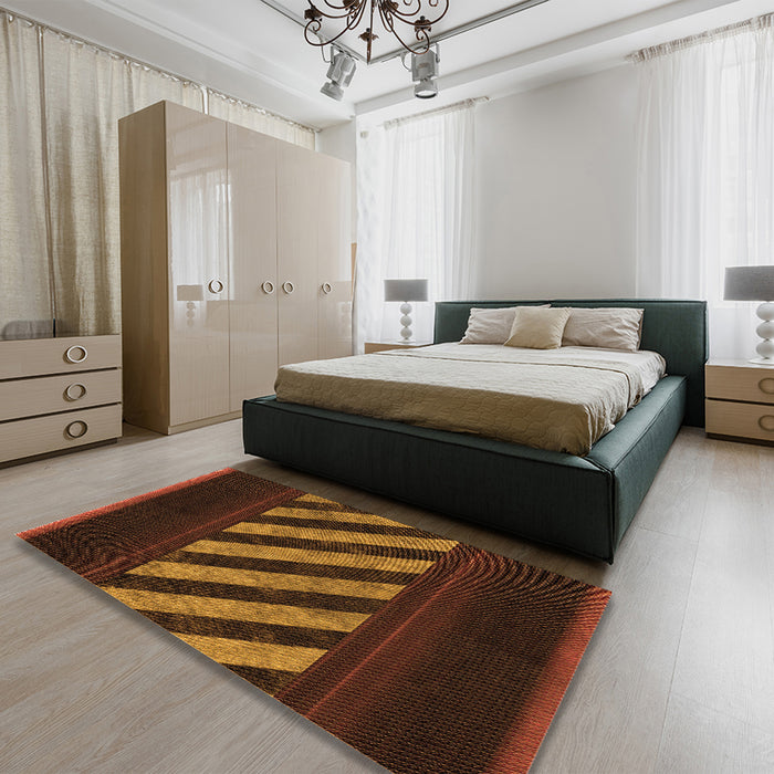 Patterned Mahogany Brown Rug in a Bedroom, pat2110org