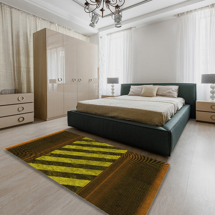 Patterned Dark Yellow Green Rug in a Bedroom, pat2110yw