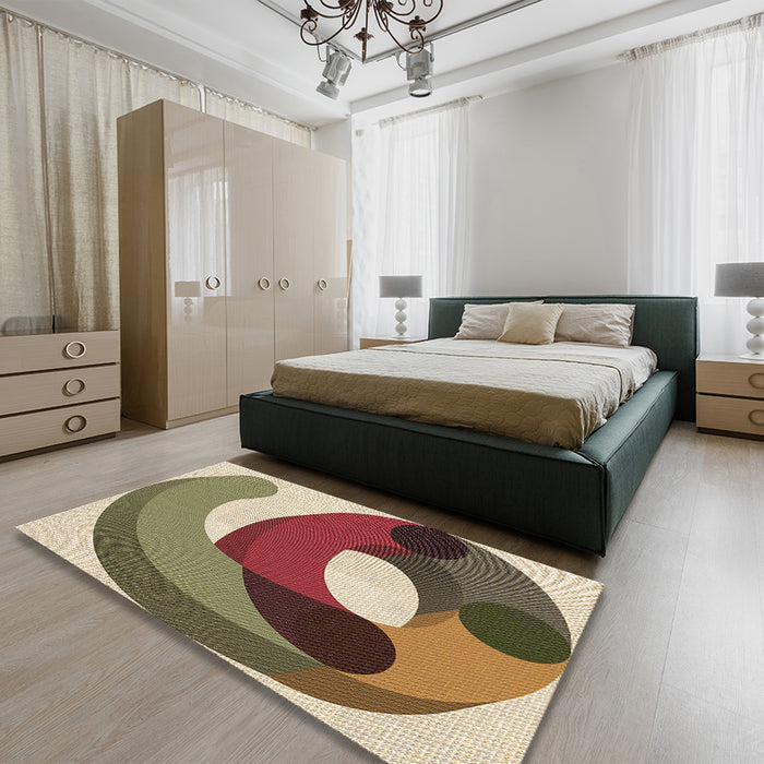 Patterned Ginger Brown Green Rug in a Bedroom, pat2117brn