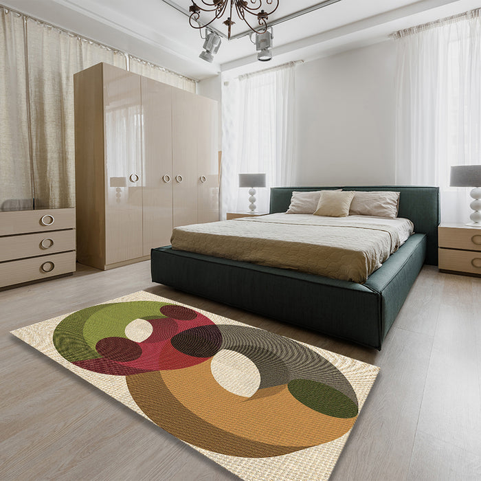 Patterned Brown Green Rug in a Bedroom, pat2119brn