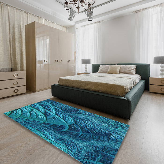 Patterned Deep Sky Blue Rug in a Bedroom, pat2124lblu
