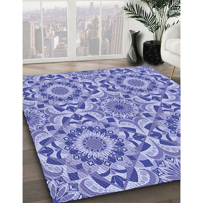 Patterned Royal Blue Rug in Family Room, pat2132blu