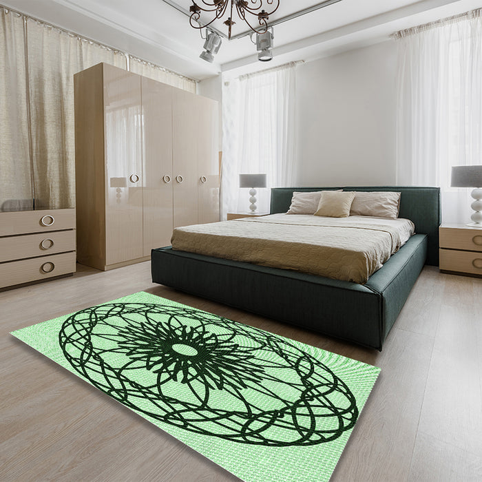 Patterned Medium Forest Green Rug in a Bedroom, pat2137grn