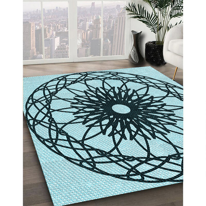 Machine Washable Transitional Medium Teal Green Rug in a Family Room, wshpat2137lblu