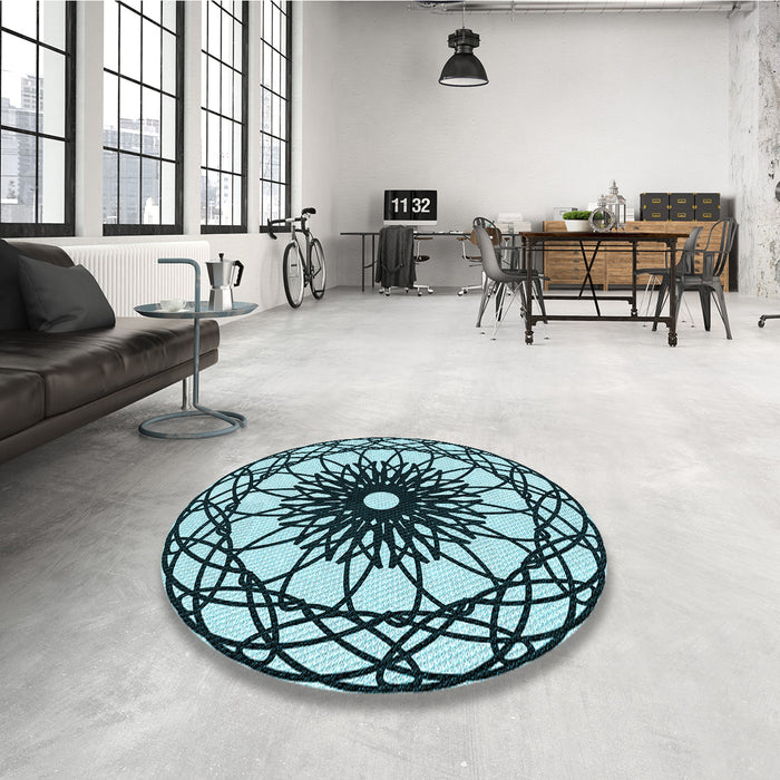 Round Patterned Medium Teal Green Rug in a Office, pat2137lblu