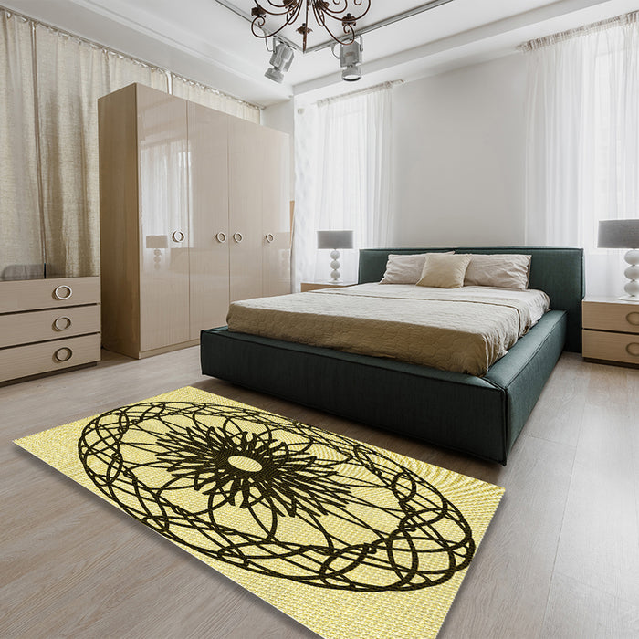 Round Machine Washable Transitional Mustard Yellow Rug in a Office, wshpat2137yw