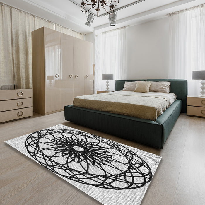 Patterned Platinum Gray Novelty Rug in a Bedroom, pat2137