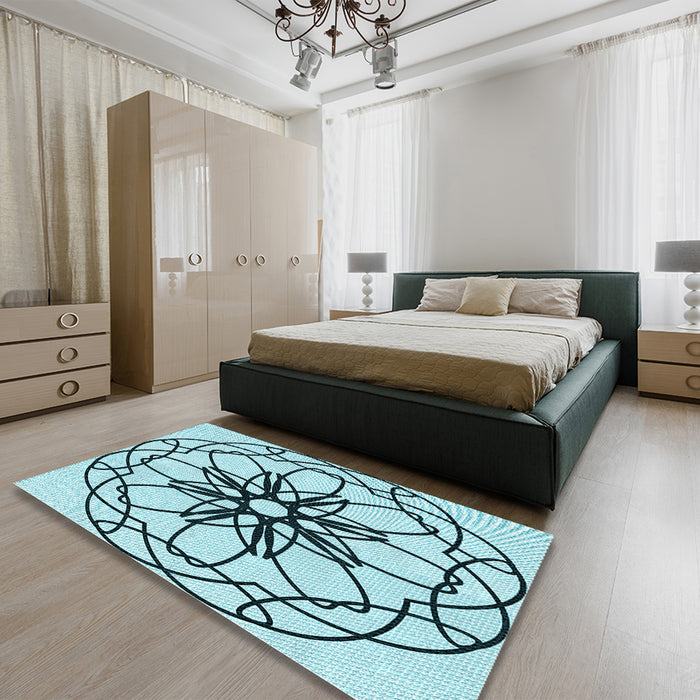 Patterned Deep-Sea Green Rug in a Bedroom, pat2138lblu