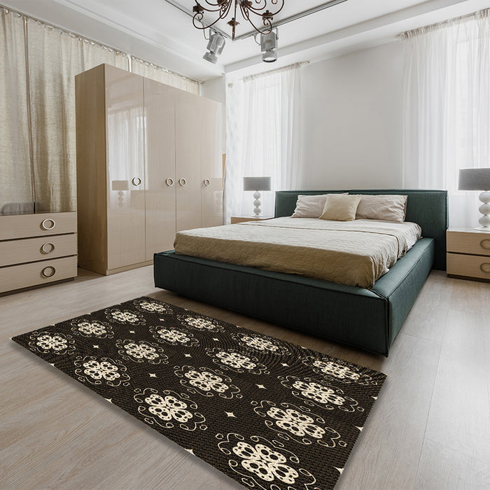 Patterned Black Rug in a Bedroom, pat2139brn
