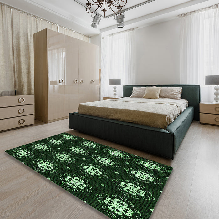 Patterned Green Rug in a Bedroom, pat2139grn