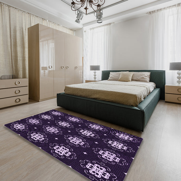 Patterned Purple Sage Bush Purple Rug in a Bedroom, pat2139pur