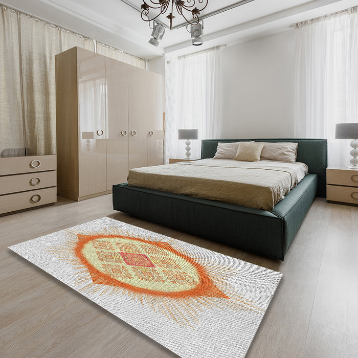 Patterned Orange Brown Novelty Rug in a Bedroom, pat2140