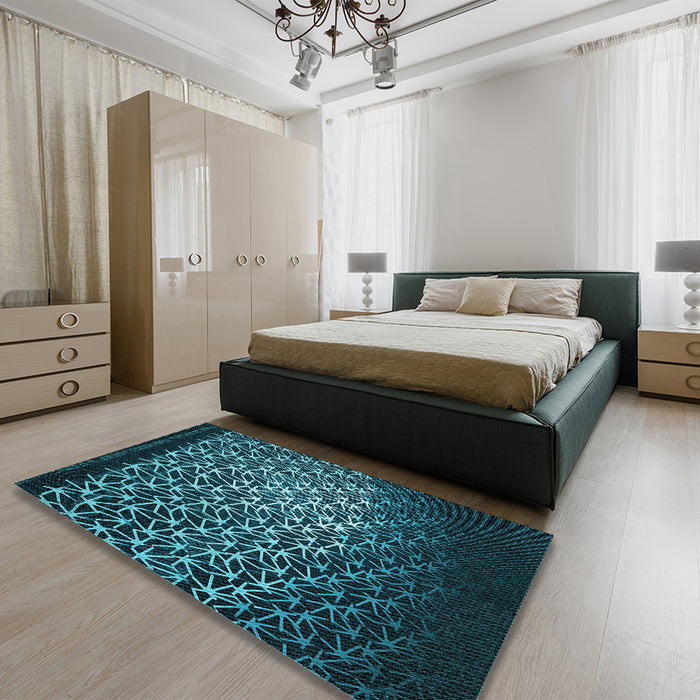 Patterned Deep Teal Green Rug in a Bedroom, pat2141lblu