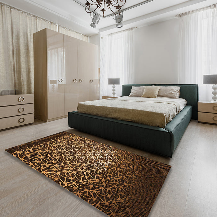 Patterned Black Brown Rug in a Bedroom, pat2141org
