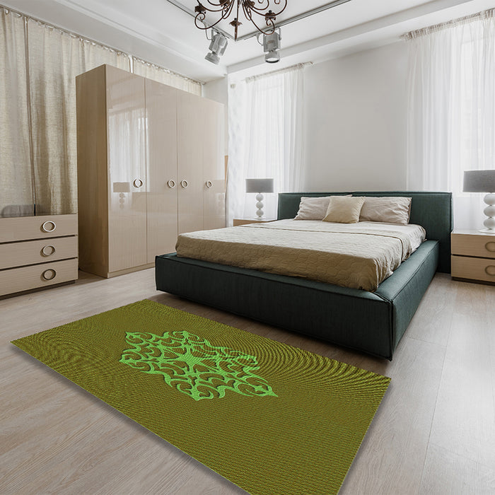 Patterned Sepia Brown Rug in a Bedroom, pat2143grn