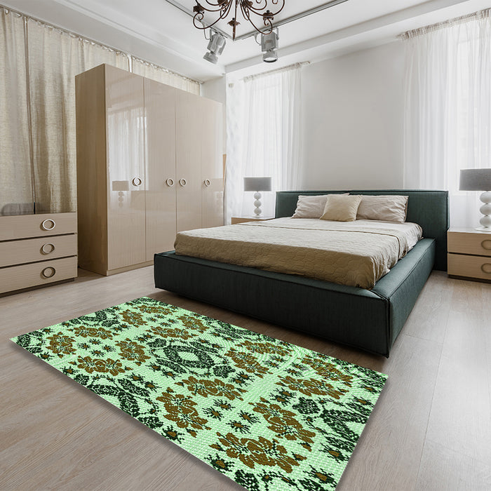 Patterned Army Green Rug in a Bedroom, pat2145grn