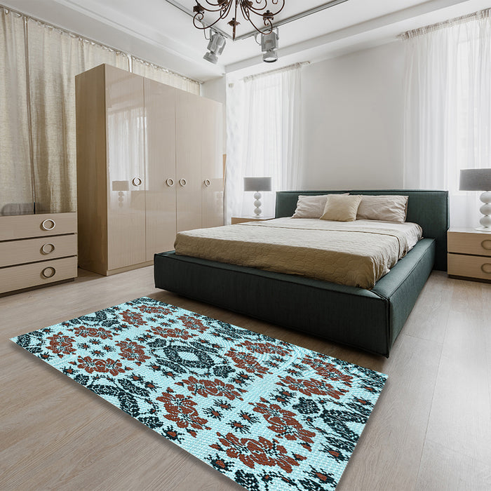 Patterned Black Rug in a Bedroom, pat2145lblu