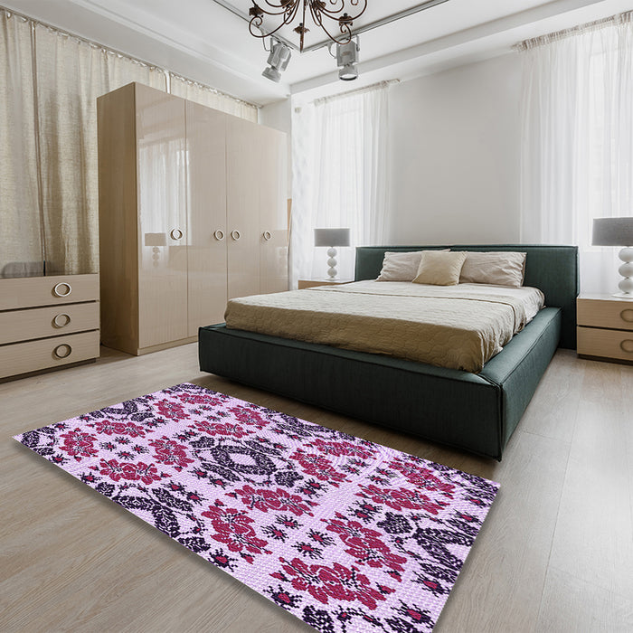 Patterned Blossom Pink Rug in a Bedroom, pat2145pur