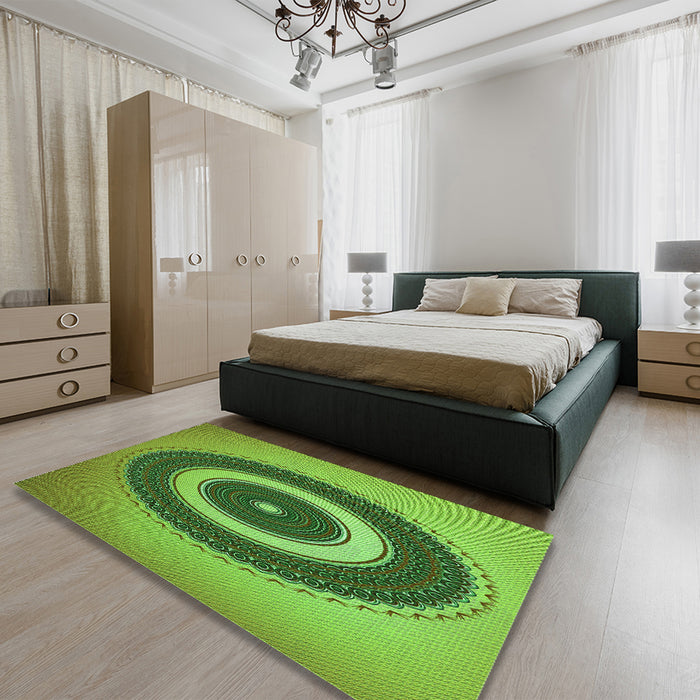 Patterned Green Rug in a Bedroom, pat2147grn