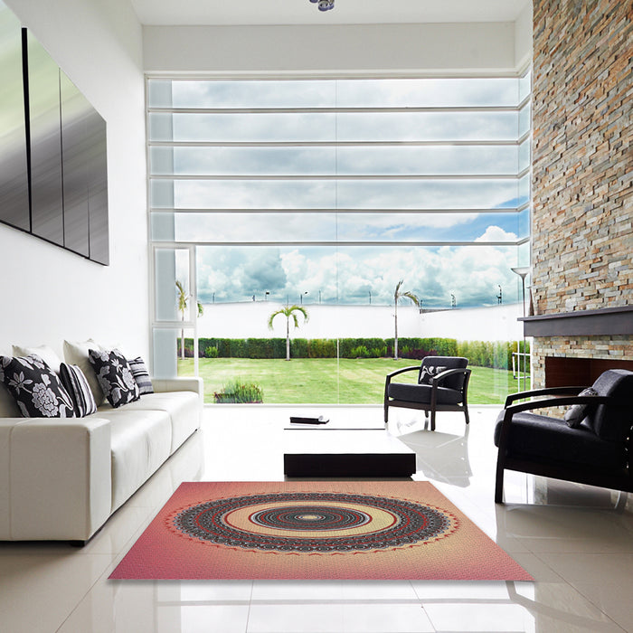 Square Patterned Brown Red Novelty Rug in a Living Room, pat2147