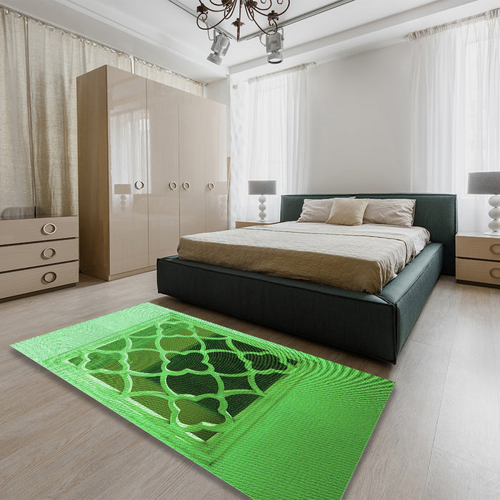 Patterned Green Rug in a Bedroom, pat2149grn