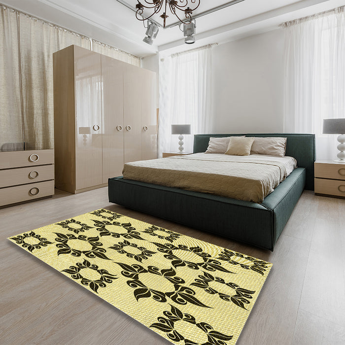 Patterned Red Brown Rug in a Bedroom, pat215yw