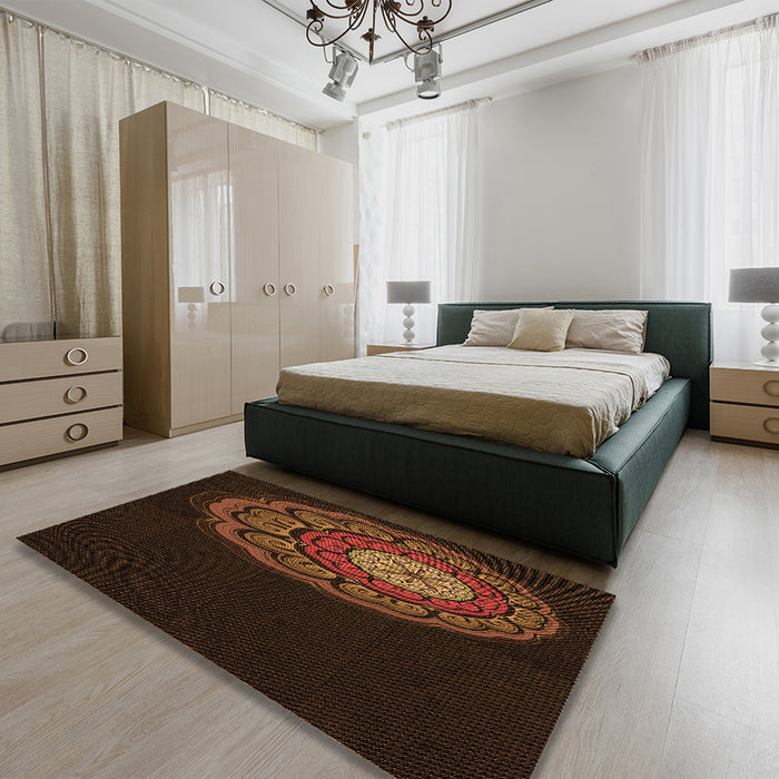 Patterned Saddle Brown Rug in a Bedroom, pat2150org