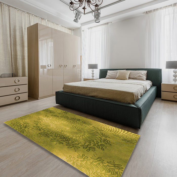 Patterned Olive Green Rug in a Bedroom, pat2152org
