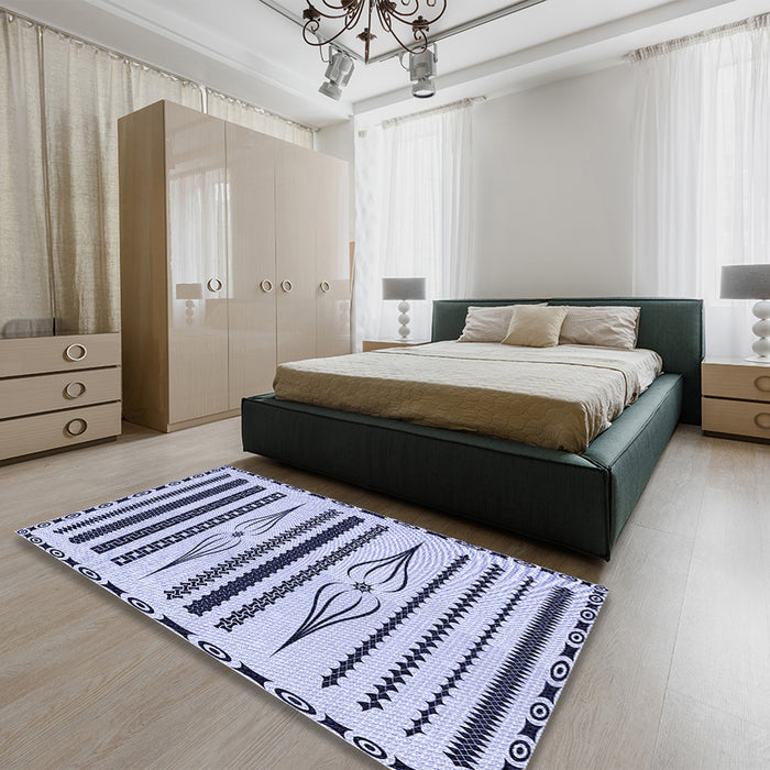 Patterned Blue Rug in a Bedroom, pat2153blu