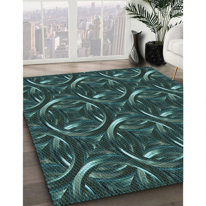 Patterned Aquamarine Stone Green Rug in Family Room, pat2161lblu
