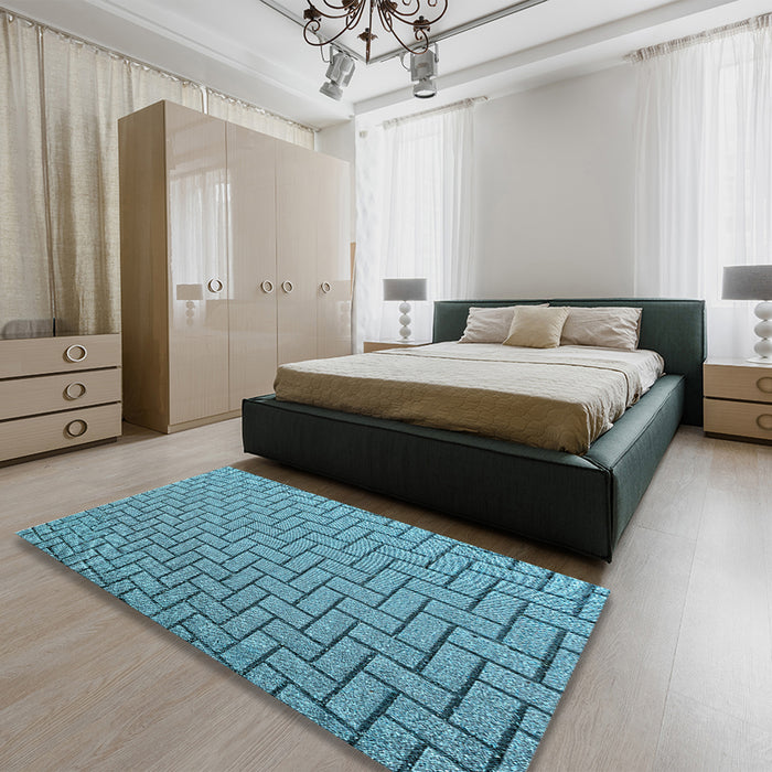 Round Machine Washable Transitional Diamond Blue Rug in a Office, wshpat2179lblu