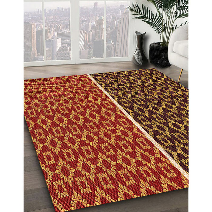 Patterned Cranberry Red Rug in Family Room, pat218org